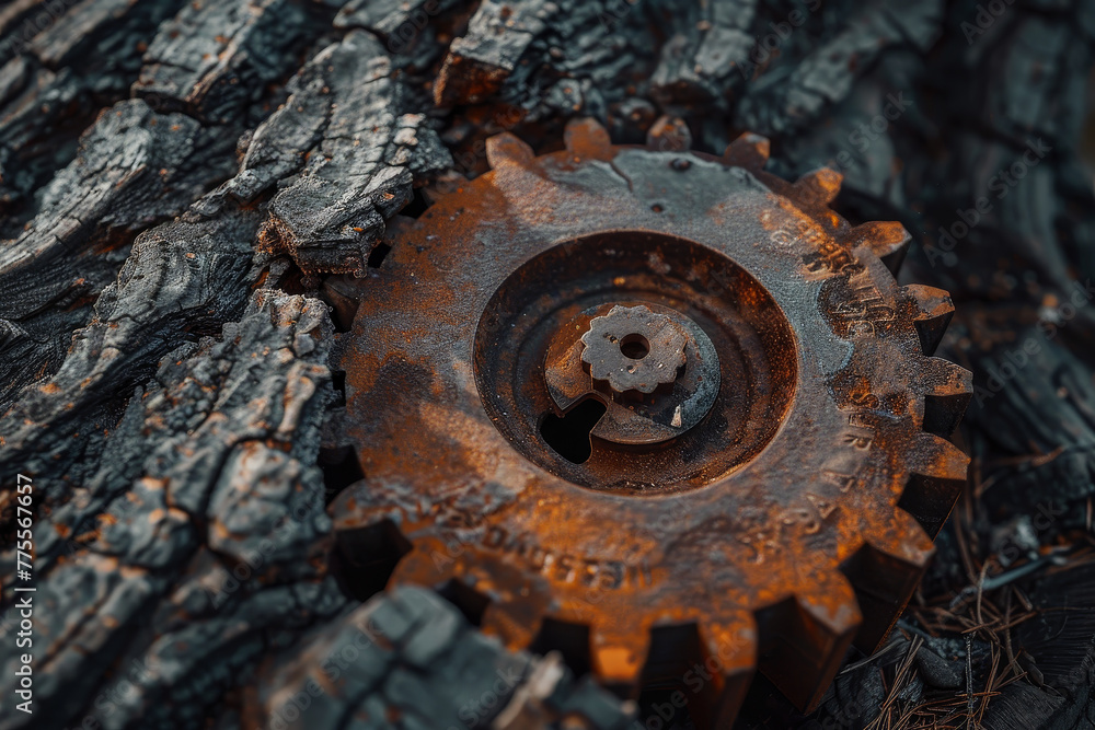 A rusty gear is sitting on a log