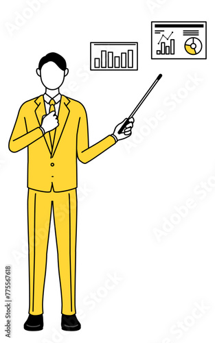 Simple line drawing illustration of a businessman in a suit analyzing a performance graph.