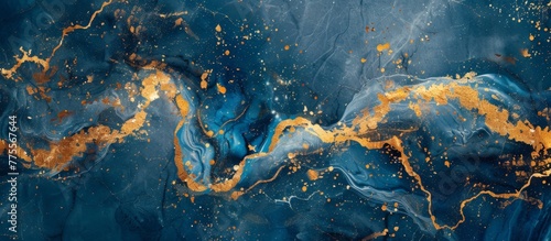 A close up of a painting of blue and gold paint
