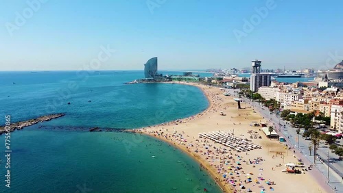 Aerial view of Barceloneta Beach. Mediterranean Sea. Summer. Barcelona. Spain. Drone footage. July. photo