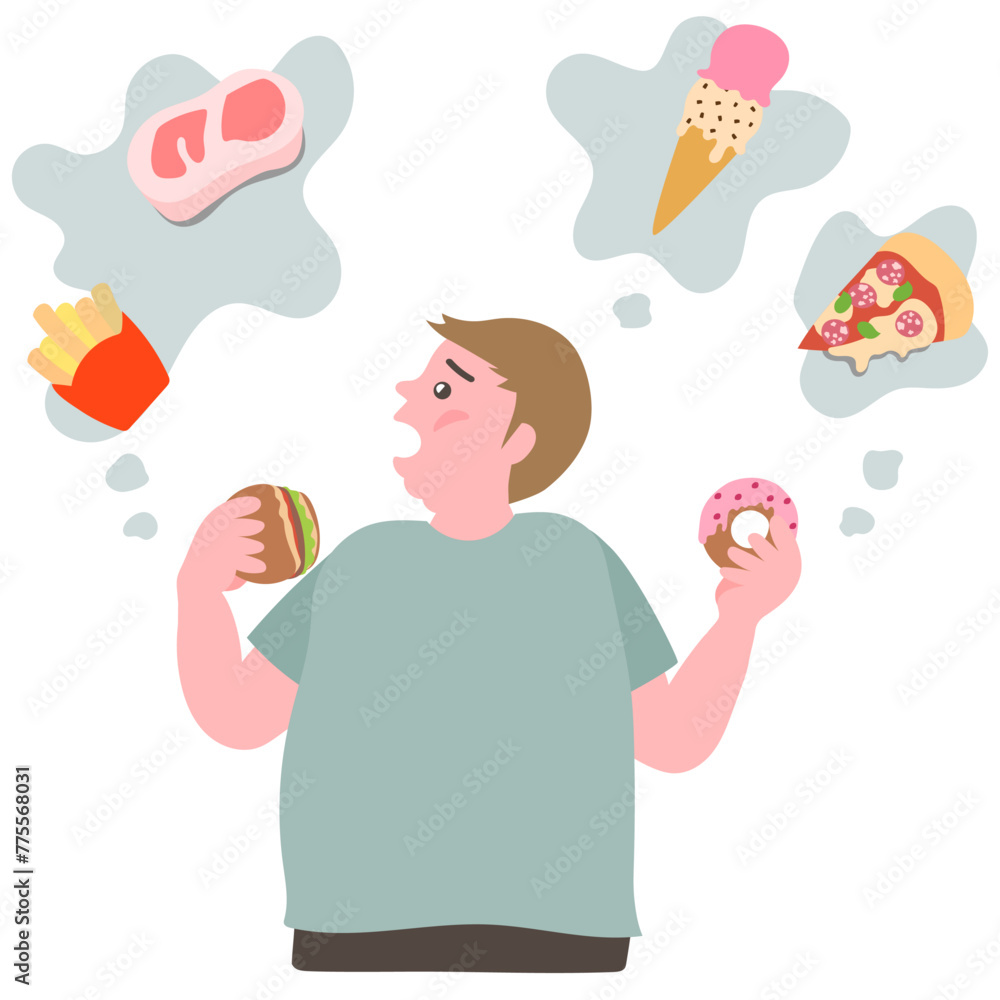過食症でドーナツとハンバーガーを食べているのに他の食べ物の事を考えている太った男性と彼が食べたいと思っている食べ物 過食症でドーナツとハンバーガーを食べているのに他の食べ物の事を考えている太った男性と彼が食べたいと思っている食べ物