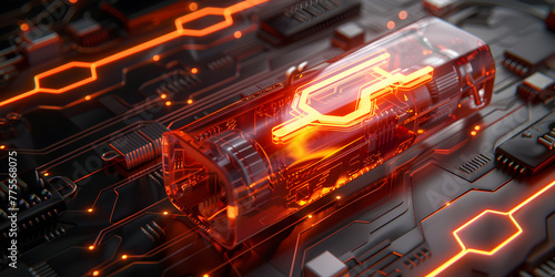 A close up of a circuit board with orange and black lights,Futuristic technology scene Intricately designed computer components