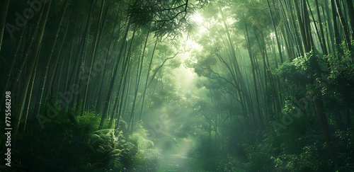 The sun s rays filter through the trees in a foggy forest  creating a magical natural landscape with misty surroundings.
