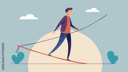 A person standing on a tightrope with a balancing pole in hand. On one side the rope is thick and sy representing introversion while the other