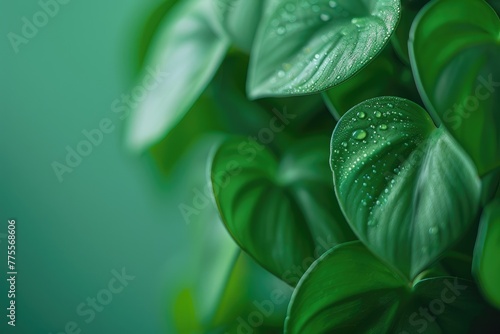 Philodendron hederaceum or Heartleaf philodendron green leaves on green background photo