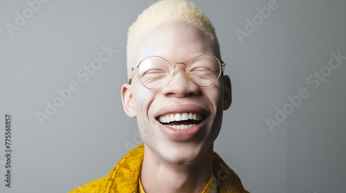 studio portrait of albino African American man with blue eyes