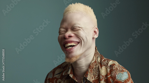 studio portrait of albino African American man with blue eyes