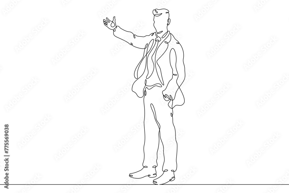 One continuous line.Man in a business suit. A beautifully dressed male character. Businessman in an expensive suit and tie.One continuous line is drawn on a white background.