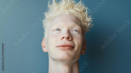 studio portrait of albino man with blue eyes