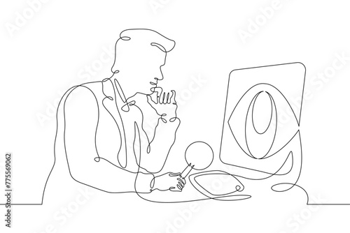 One continuous line.Information security policy. The man behind the monitor. Eye on the screen. Protection of information on the Internet. Specialist with magnifying glass.One continuous line drawn is
