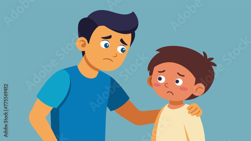 A parent placing a hand on their childs shoulder while giving them a stern look conveying their disappointment or disapproval without uttering