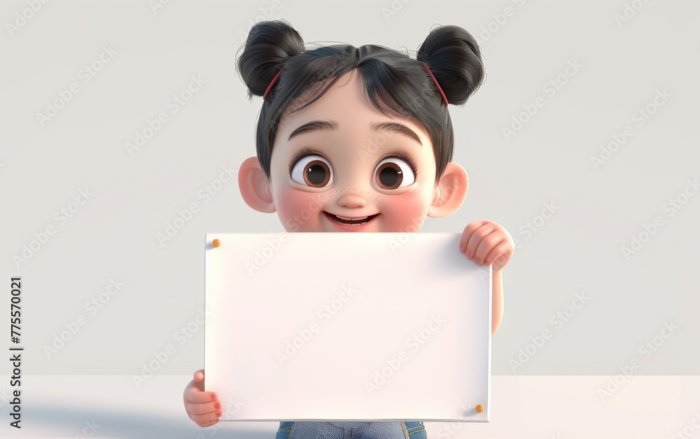 3D cartoon girl character holding blank paper on sign. 3D display. Advertisement illustrations 3D cartoon girl character holding blank paper on sign. 3D display. Advertisement illustrations