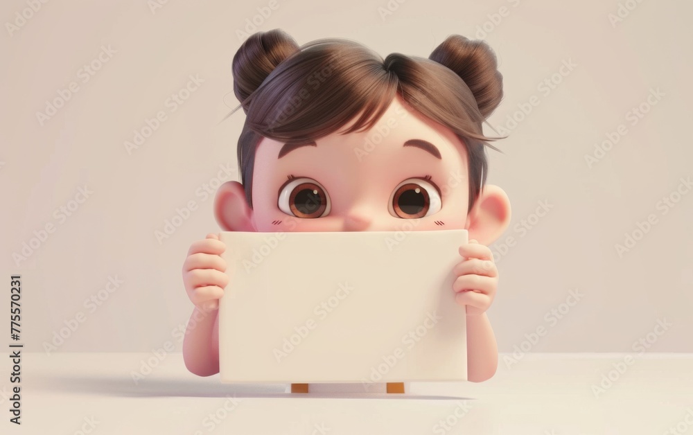 3D cartoon girl character holding blank paper on sign. 3D display. Advertisement illustrations 3D cartoon girl character holding blank paper on sign. 3D display. Advertisement illustrations