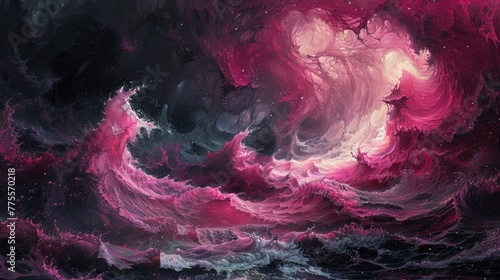Surrender to the embrace of a forgotten era, where waves of fuchsia and onyx collide, lost in reverie. photo