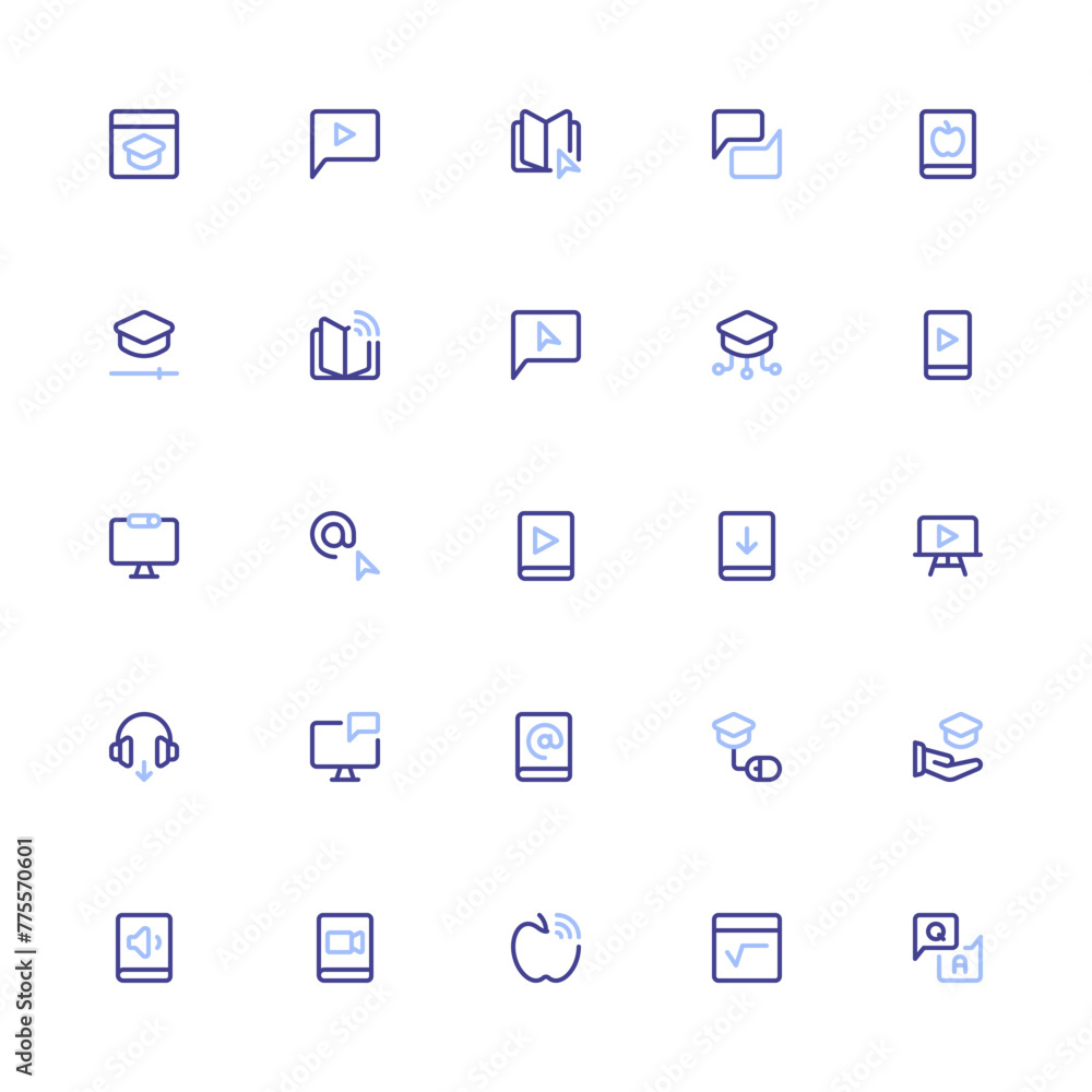 E-Learning Icon with Duoline Style. Online Education Icon Collection with Editable Stroke and Pixel Perfection