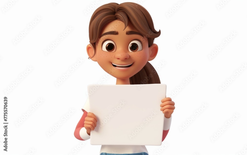 3D cartoon girl character holding blank paper on sign. 3D display. Advertisement illustrations 3D cartoon girl character holding blank paper on sign. 3D display. Advertisement illustrations