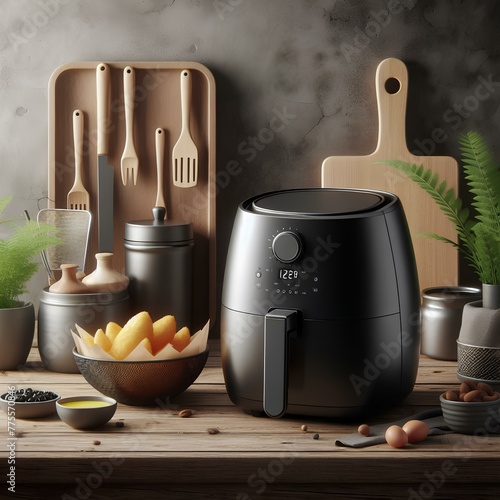 Wallpaper Mural Black air fryer or oil free fryer appliance on the wooden table with cement wall kitchen. Torontodigital.ca