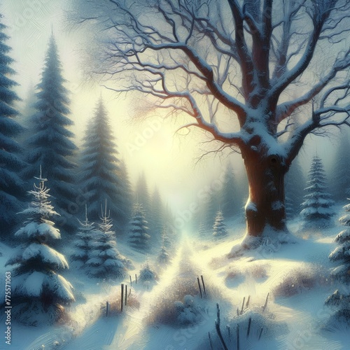 Digital oil painting of winter solstice in isolated snowy forest after snow fall.