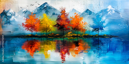 Oil painting colorful trees and lake on canvas 