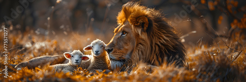  Lion and Sheep Sitting Together , A lion and a lamb sitting in a field,Lion and Lamb Sitting in Grass   © Baloch