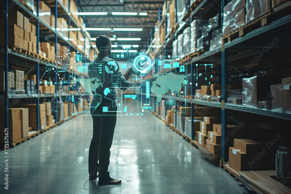Fototapeta premium Futuristic Technology Retail Warehouse: Worker Doing Inventory Walks when Digitalization Process Analyzes Goods, Delivery Infographics in Logistics, Distribution Center.