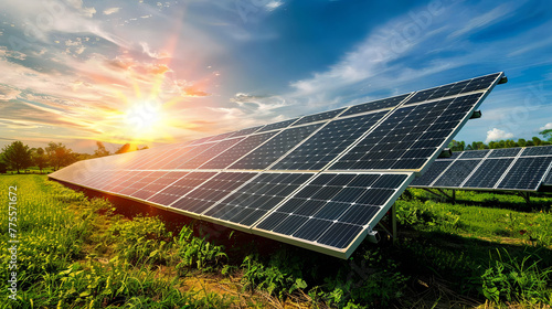 Renewable Energy  Solar Panels Glistening under Sunlight Rays  Eco-Friendly Power Generation Concept