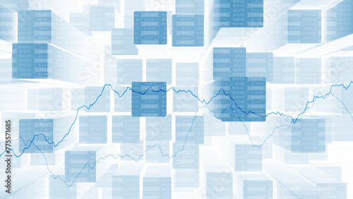 Abstract bright blue squares and business graphs illustration.
