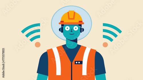 A photograph of a worker wearing an ARenabled vest with sensors that detect nearby danger zones in the workplace. The vest vibrates and emits a