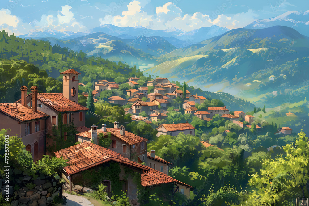 Serenely Beautiful: Rustic town nestled in the Heart of Verdant Mountains under Blue Sky