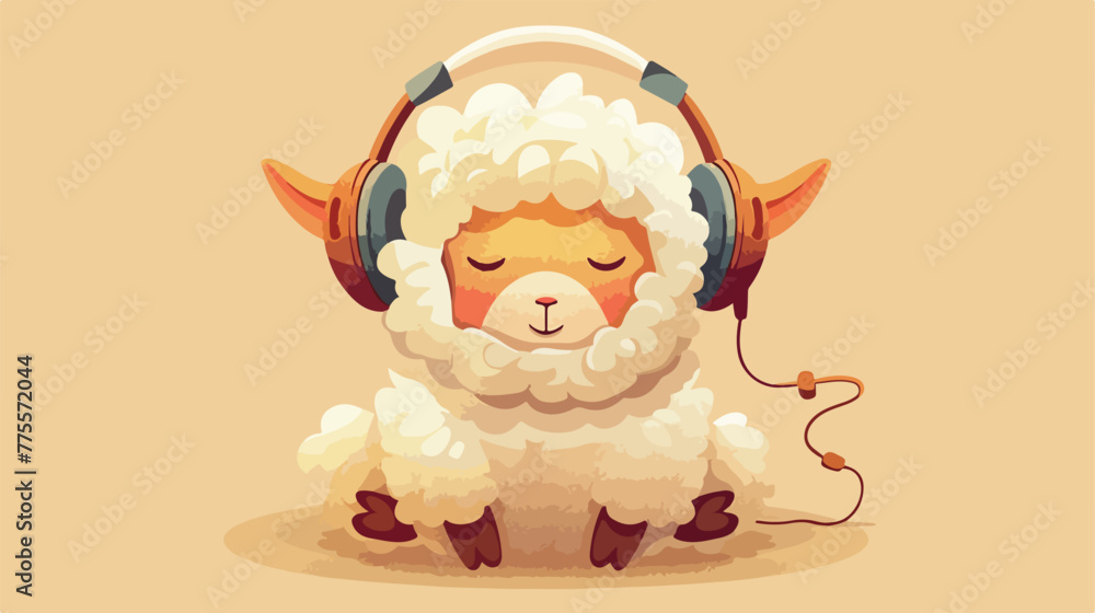 Little sheep listening music in headphones cartoon