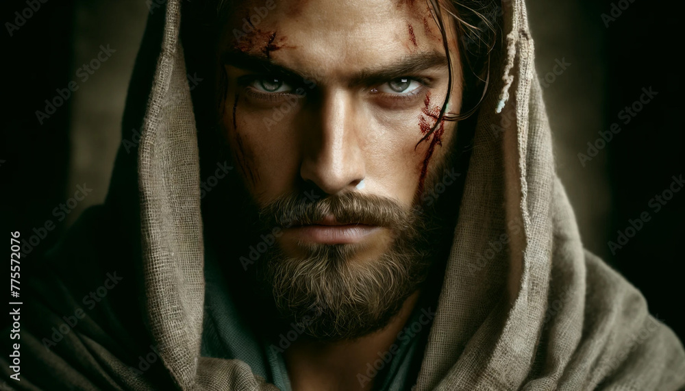Biblical character. Portrait of a serious man with a beard and blood on his face. Biblical character. Portrait of a serious man with a beard and blood on his face.