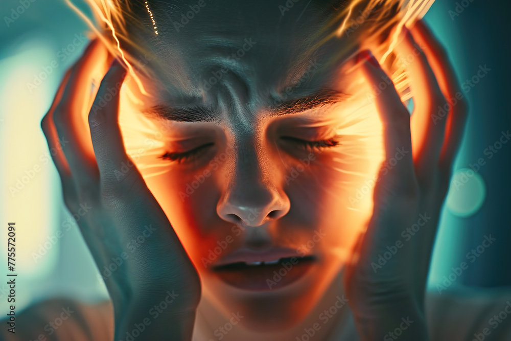 VFX the headache Pain Augmented Reality Animation. Massaging the head to Ease the pain. Close Up of a person Experiencing Discomfort in a Result of headache. VFX the headache Pain Augmented Reality Animation. Massaging the head to Ease the pain. Close Up of a person Experiencing Discomfort in a Result of headache.