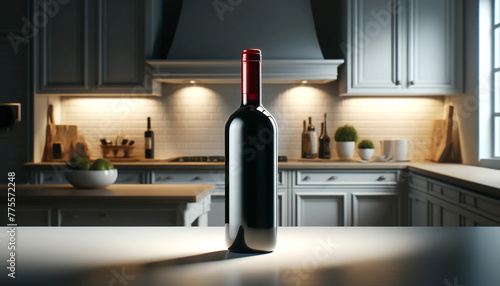 A bottle of red wine, background of a white kitchen.