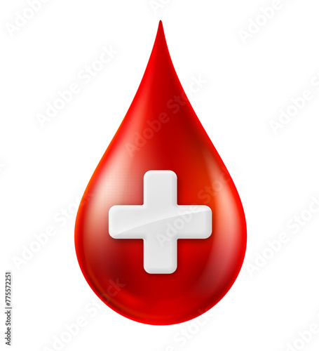 Drops of blood with white cross sign Meaning of blood donation, World Blood Donor Day, blood hospital, giving life. isolated on white background. 3D vector illustration.