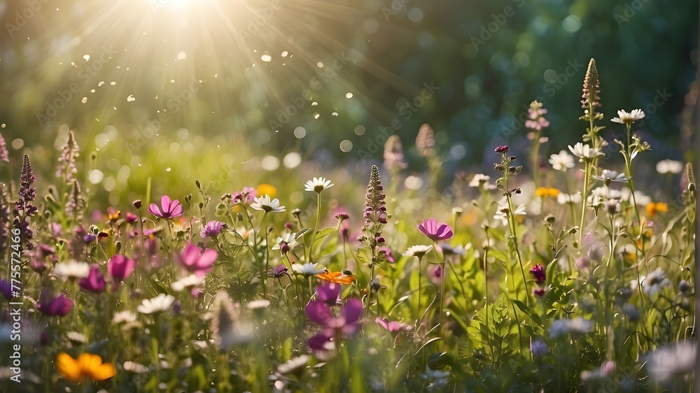 Beautiful summertime flower meadow with sunbeams and bokeh lights - nature background banner with copy space - spring wildflowers summer greeting card... 