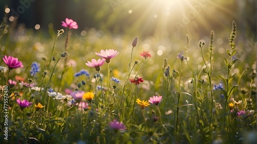 Beautiful summertime flower meadow with sunbeams and bokeh lights - nature background banner with copy space - spring wildflowers summer greeting card... 