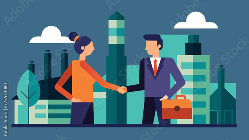 A closeup of two individuals holding hands in a handshake with a factory in the background and a local business sign visible representing the