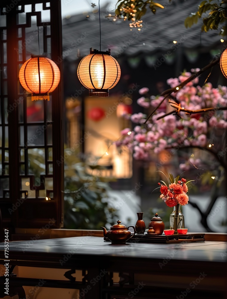 Chinese style courtyard, a flower arrangement of pink and red flowers on the table in front of teapots and cups, Chinese lanterns hanging high above, wooden architecture