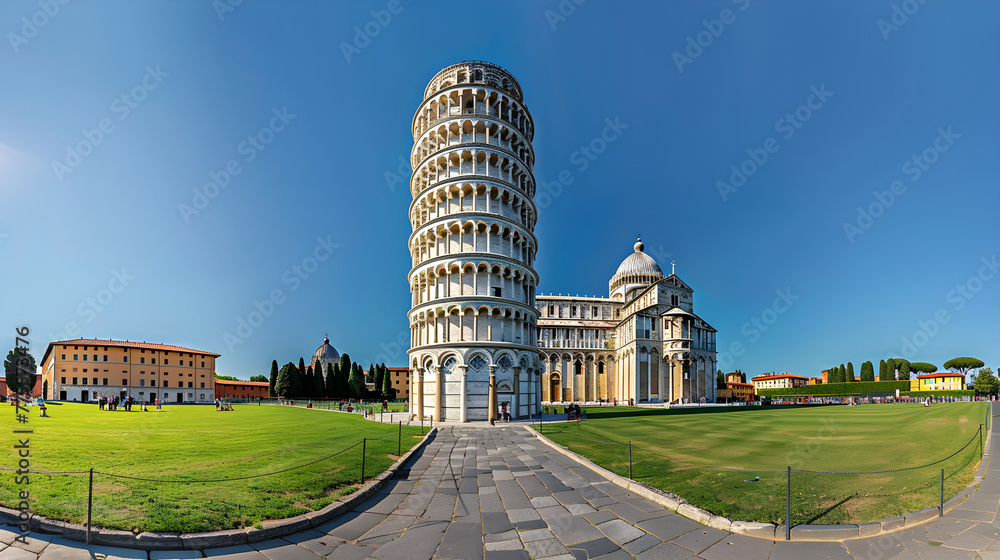 Iconic Leaning Tower of Pisa in Picturesque Landscape on a Clear Sunny day