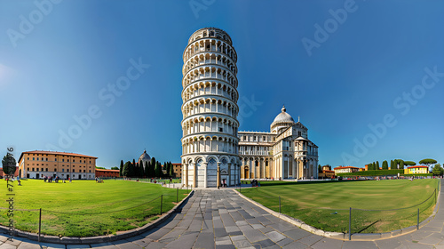 Iconic Leaning Tower of Pisa in Picturesque Landscape on a Clear Sunny day photo
