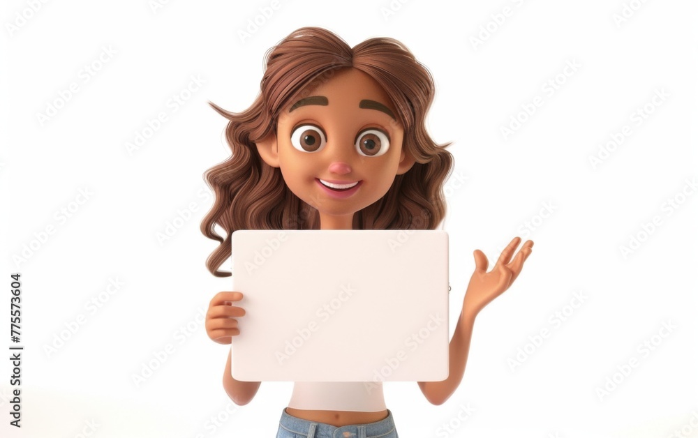 3D cartoon girl character holding blank paper on sign. 3D display. Advertisement illustrations 3D cartoon girl character holding blank paper on sign. 3D display. Advertisement illustrations