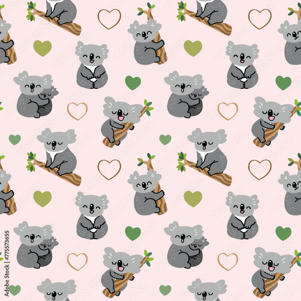 Seamless Pattern with Cartoon Koala Bear and Heart Design on Light Pink Background - obrazy, fototapety, plakaty 