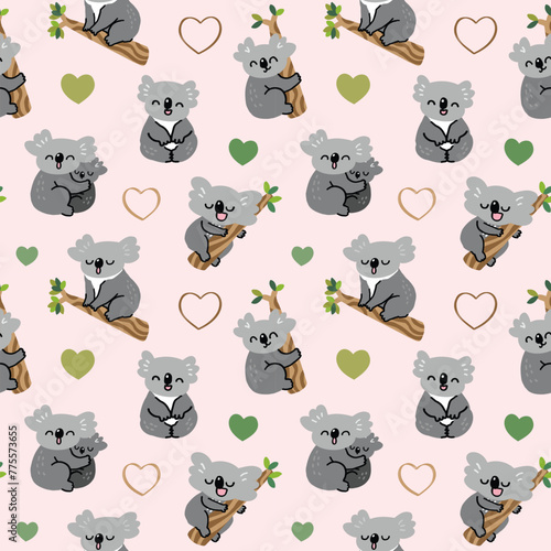 Seamless Pattern with Cartoon Koala Bear and Heart Design on Light Pink Background © Supannee