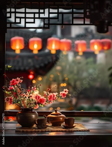Chinese style courtyard, a flower arrangement of pink and red flowers on the table in front of teapots and cups, Chinese lanterns hanging high above, wooden architecture