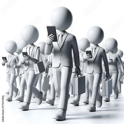 3d humans holding handphone, white solid background