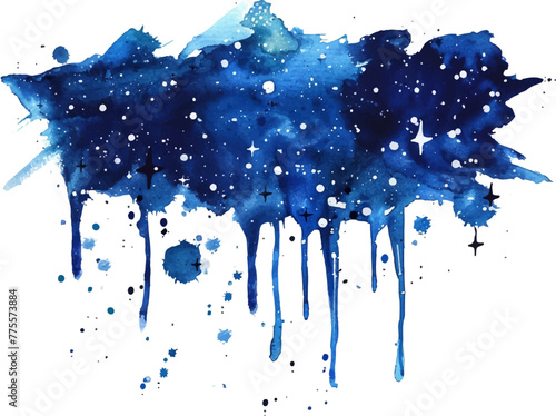 Watercolor dark blue galaxy night sky texture, stars and nebula on white background