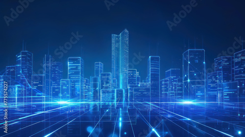 A blue digital cityscape with skyscrapers and holographic data visualizations background, representing the future of urban technology and connectivity