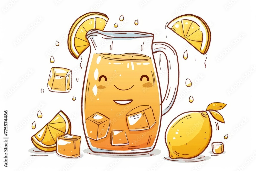 Cartoon cute doodles of a delighted iced tea pitcher with lemon slices ...