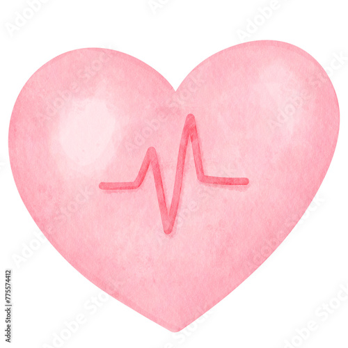 heartbeat pulse with red cardiogram line medical symbol watercolor illustration