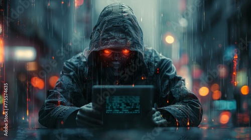 Anonymous robot hacker, concept art of cybercrime, surrounded by digital chaos, essence of hacking in cybersecurity, wide angle, high detail, digital art, photorealistic, night, AI Generative